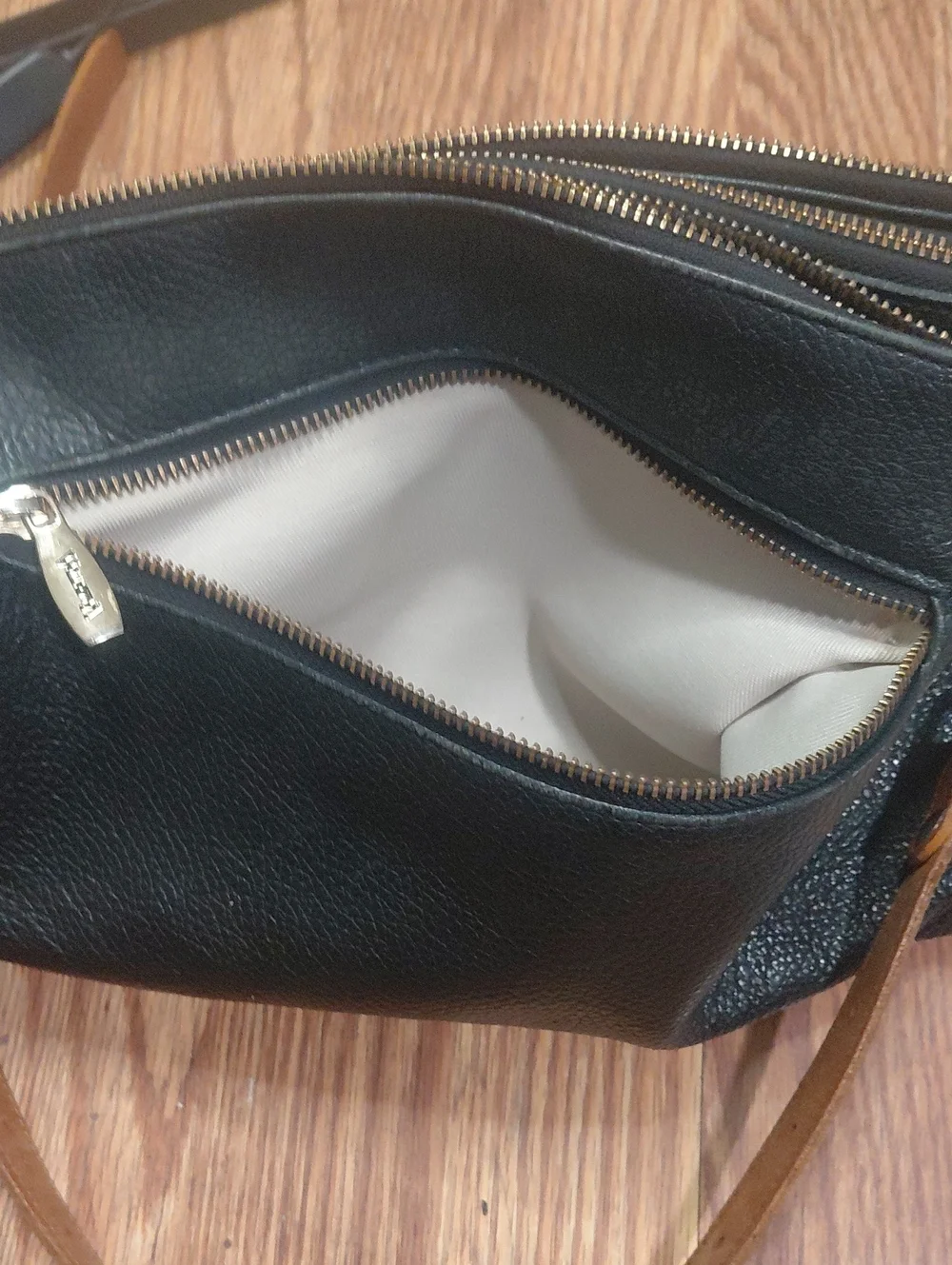 Valentina Black Leather Crossbody with Tan Strap and Gold Hardware